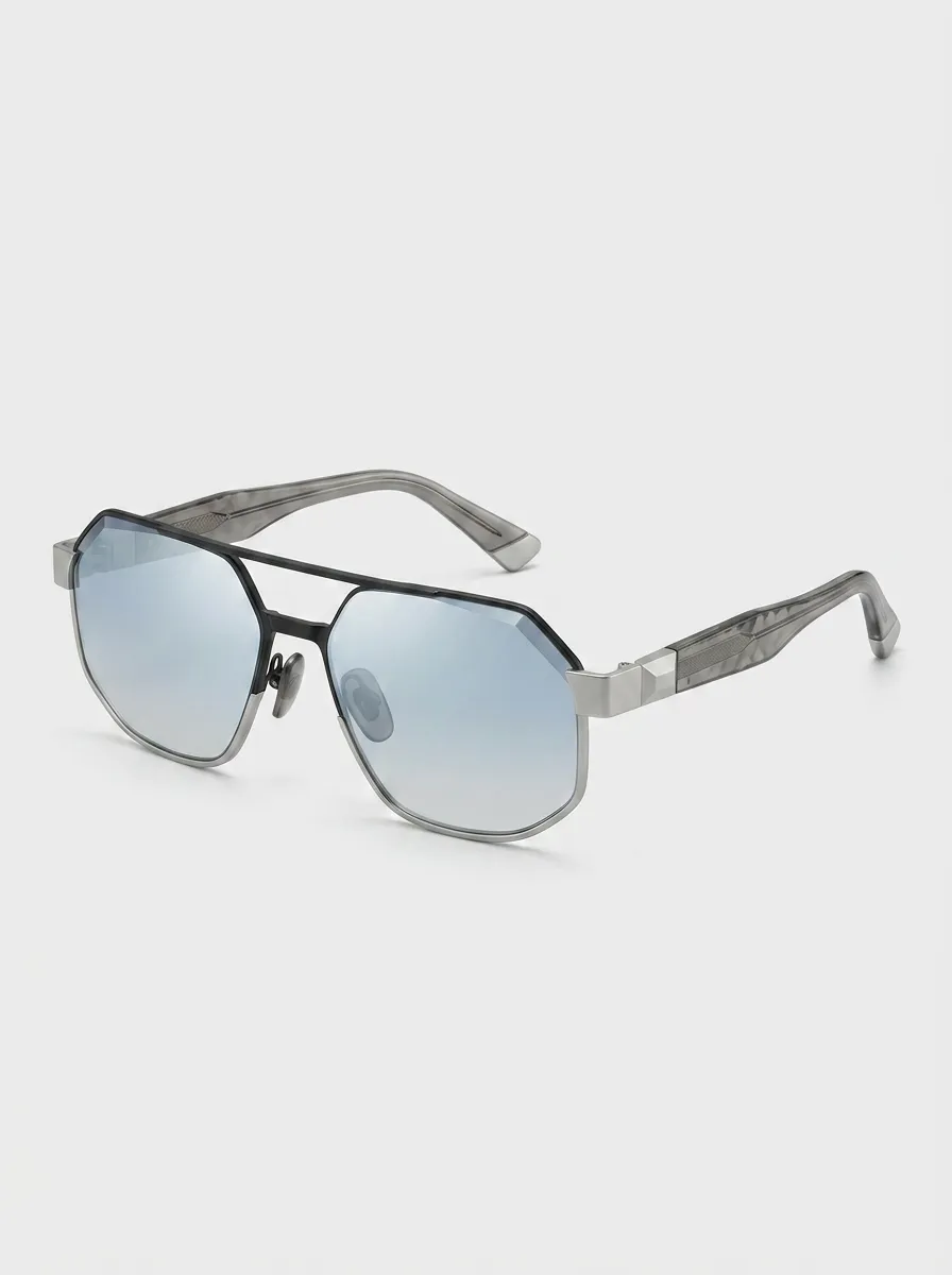 Men's Geometric Frame Blue Gradient Lens Metal Sunglasses
