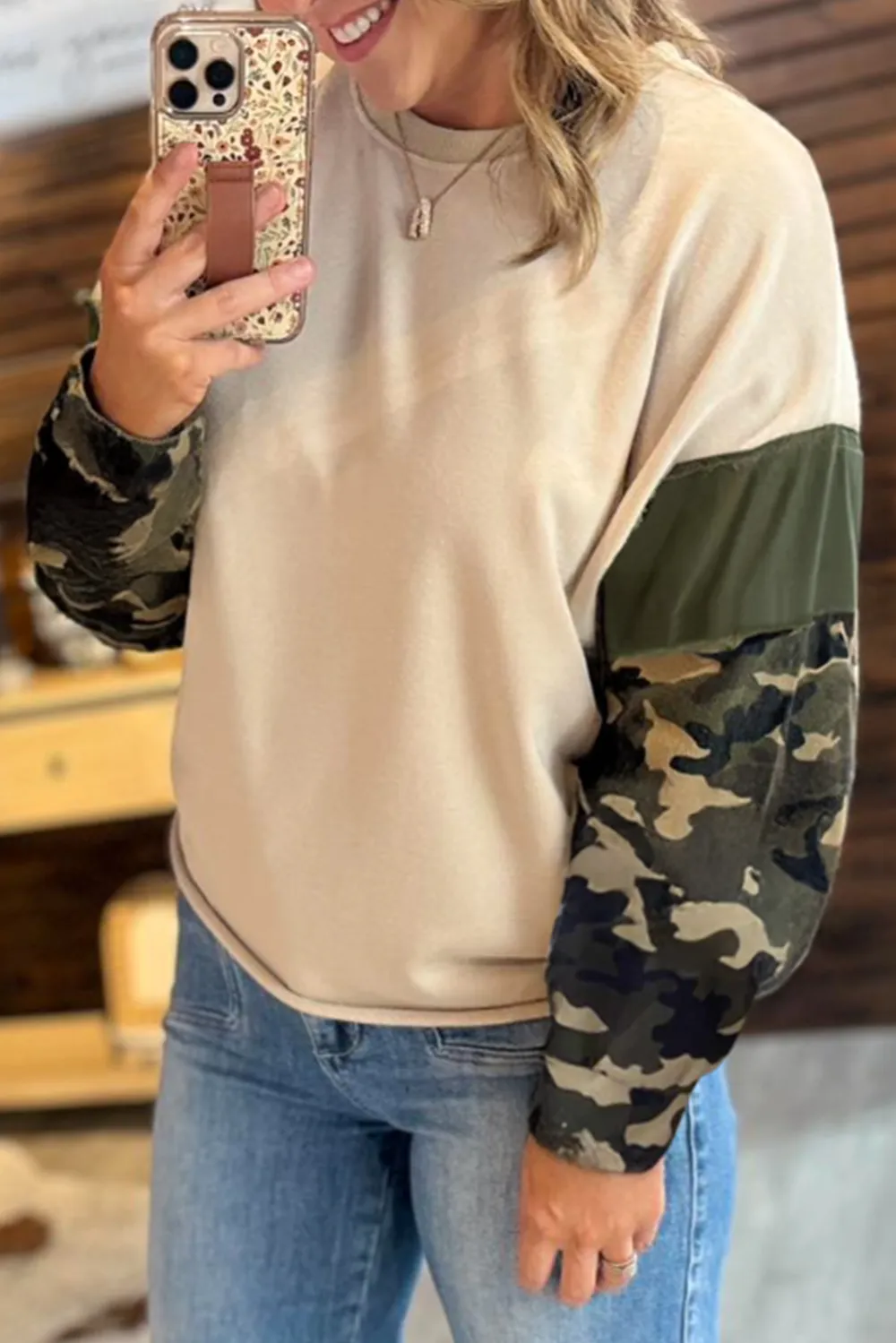 Apricot Camo Print Patchwork Sleeve Shirt