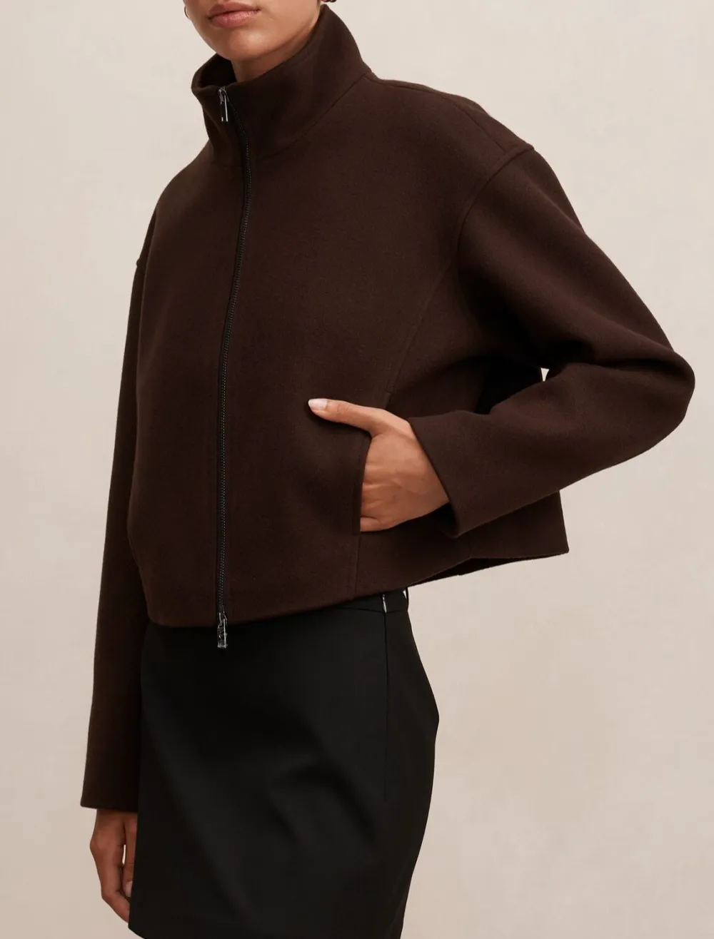 Espresso Brown Cropped Funnel Neck Zip-Up Jacket