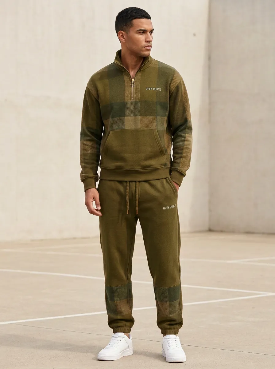 Men's  Plaid Pattern Quarter-Zip Print Jogger Set