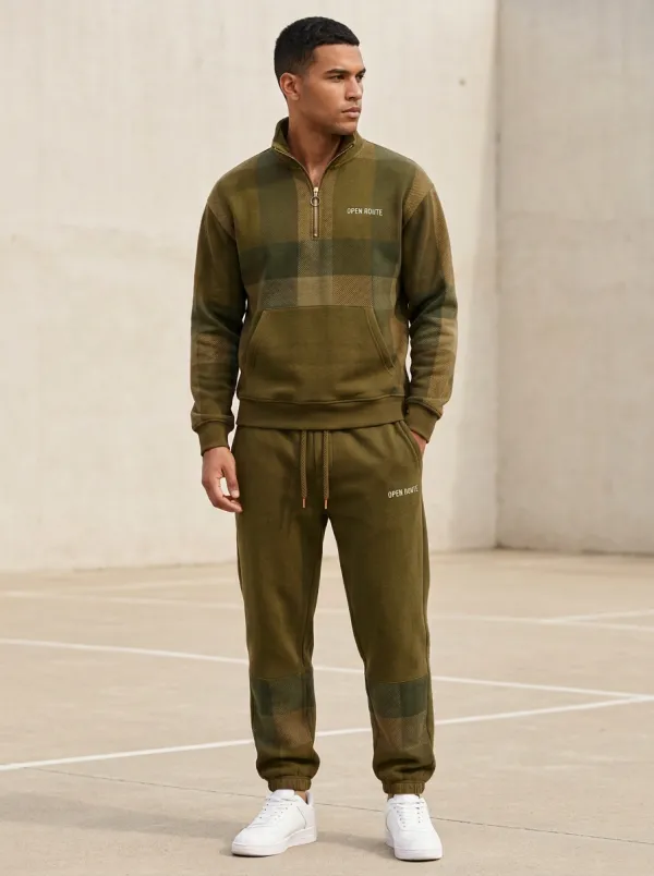 Men's  Plaid Pattern Quarter-Zip Print Jogger Set