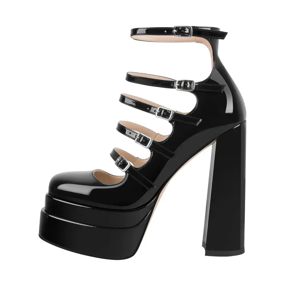Square Toe Double Platform Chunky Heel Pumps