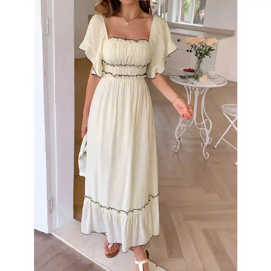 Square Neck Puff Sleeve Ruffle Trim Maxi Dress