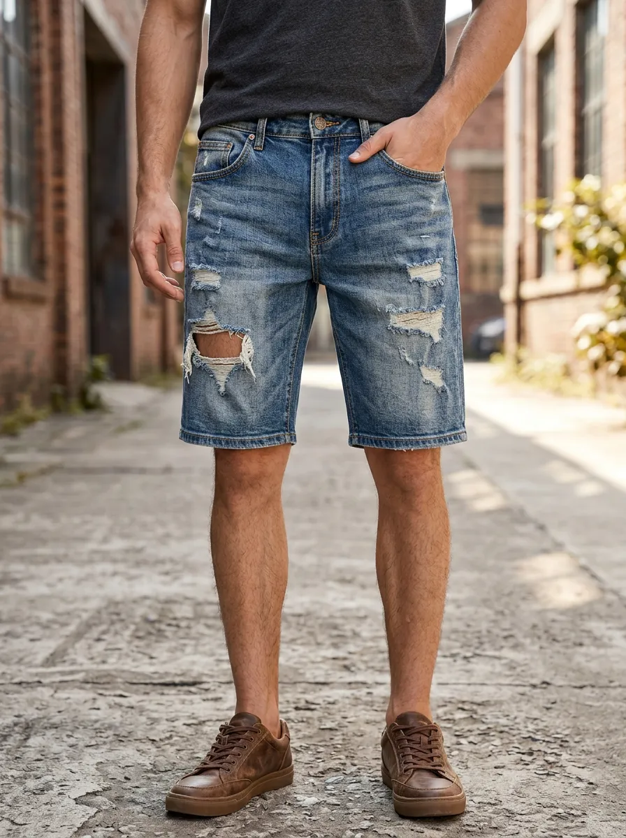 Men's Five Pocket Denim Ripped Denim Shorts