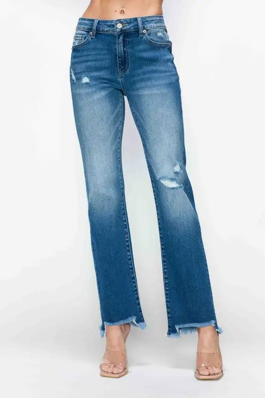 Mid-Rise Raw-Hem Distressed Washed Straight Leg Jeans