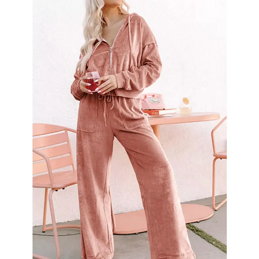 Zip Up Dropped Shoulder Hooded Top and Pants Set