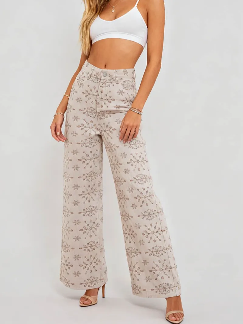 Geometric Jacquard Button Front Wide Leg Denim Pants