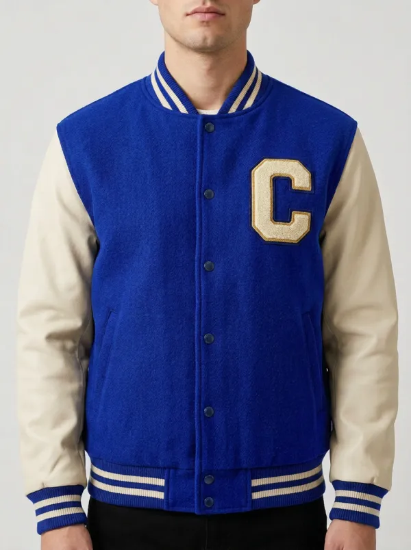 Men's Letter C Embroidered Patch Wool Baseball Jacket