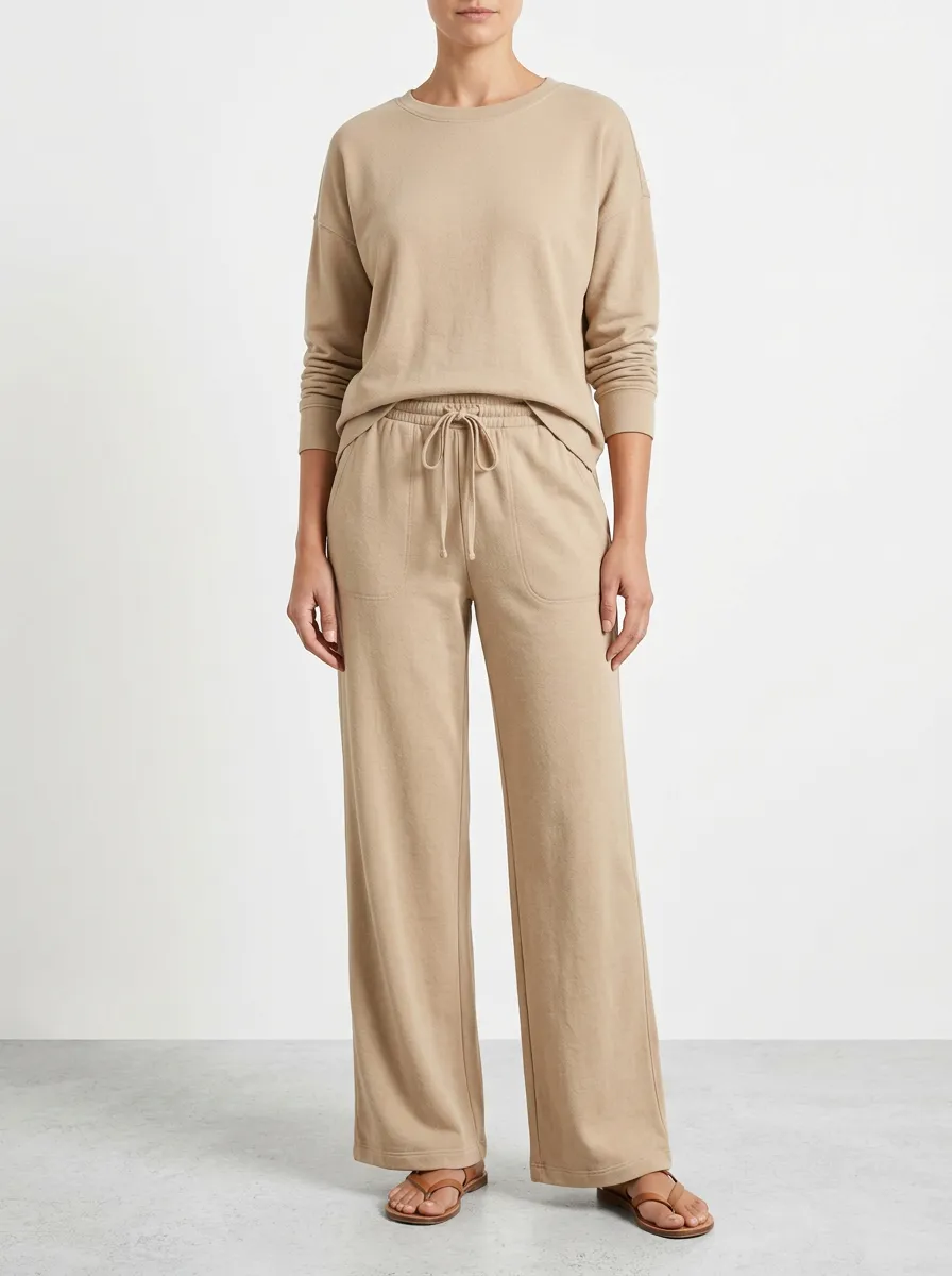 Women's Long-Sleeve Crewneck Pullover And Drawstring Wide-Leg Trouser Lounge Set