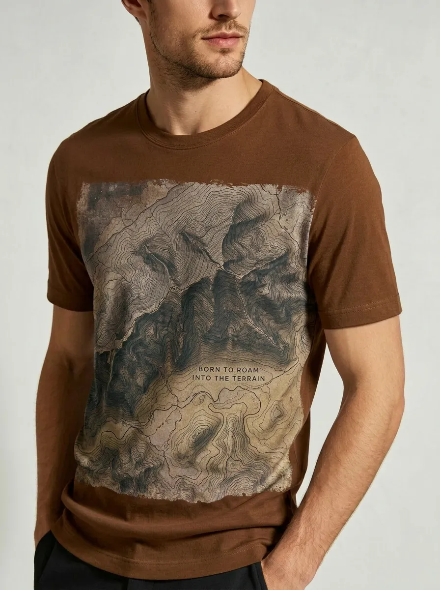 Men's Hiking Lover Topographic Map Born To Roam Printed T-shirt