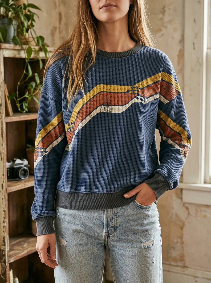 Women's Retro Stripe Pattern Printed Waffle Knit Crewneck Sweatshirt
