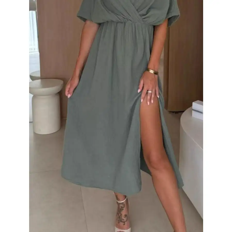 Slit Surplice Half Sleeve Midi Dress