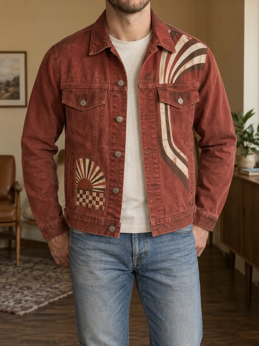 Men's Retro Boho Sun Checkerboard Printed Denim Jacket