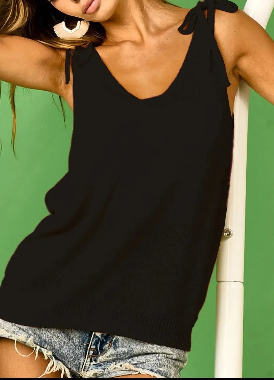 Tied Shoulder Solid Knit Top