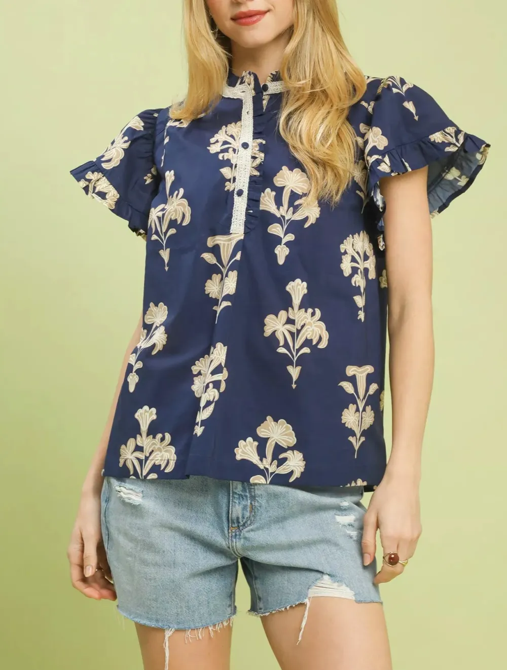 Cotton Floral Print Ruffle Sleeve Button Split-Neck Top