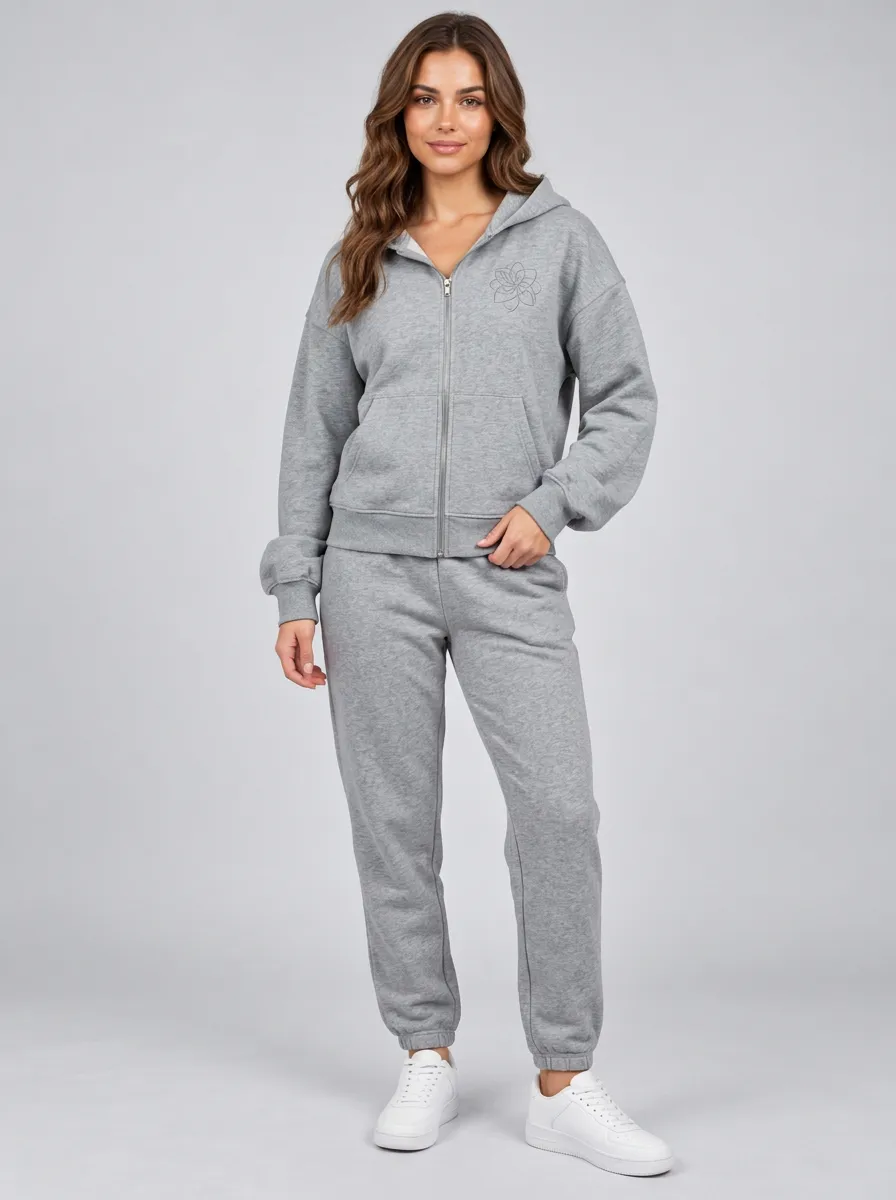 Women's Heather Grey Floral Mandala Graphic Zip-Up Hoodie Jacket & Jogger Set