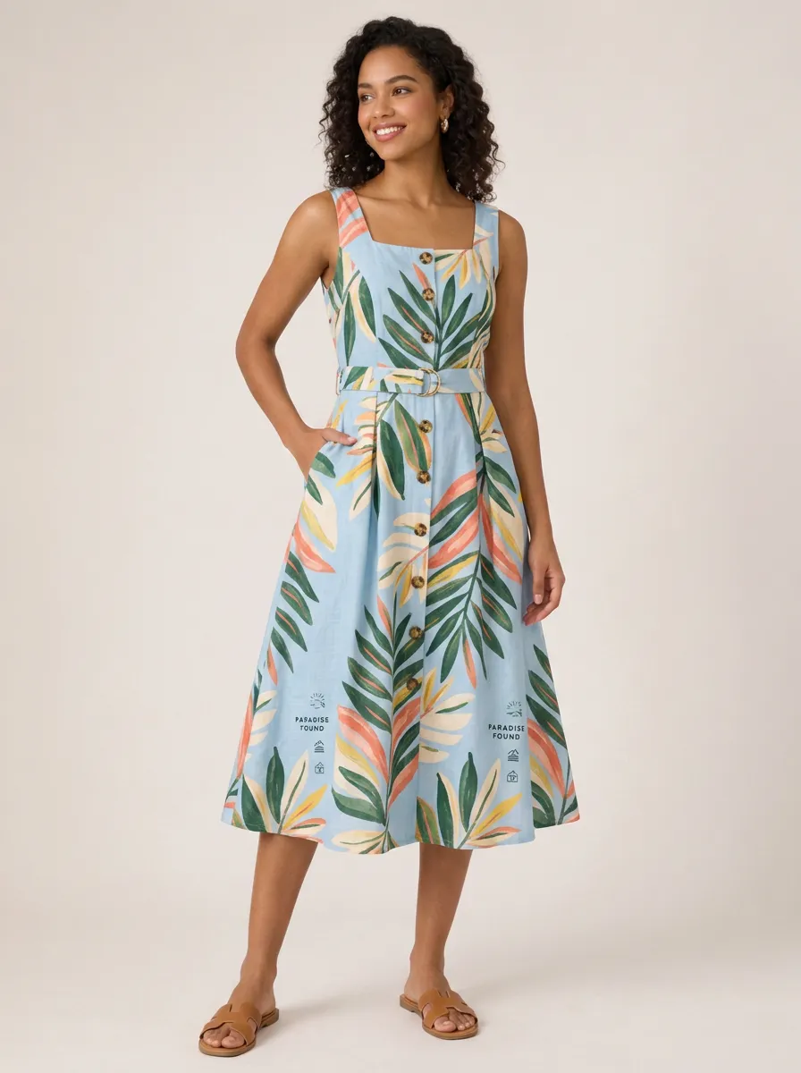 Women's Tropical Paradise Found Palm Leaf Printed Midi Dress