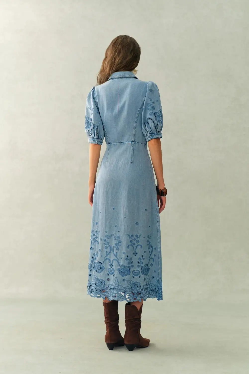 Puff Sleeve Cotton Linen Denim Midi Dress