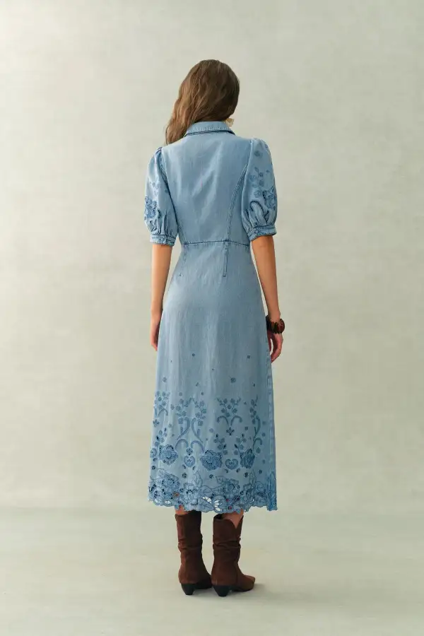 Puff Sleeve Cotton Linen Denim Midi Dress