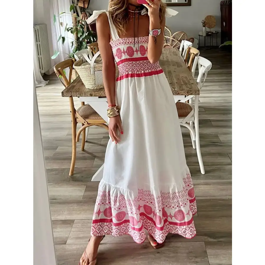 Smocked Printed Tie Shoulder Maxi Dress