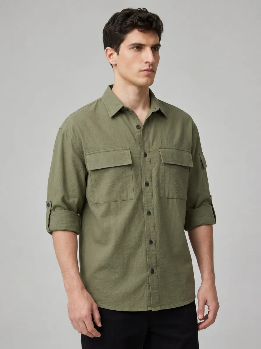 Men's Olive Green Tactical Cargo Button Down Shirt