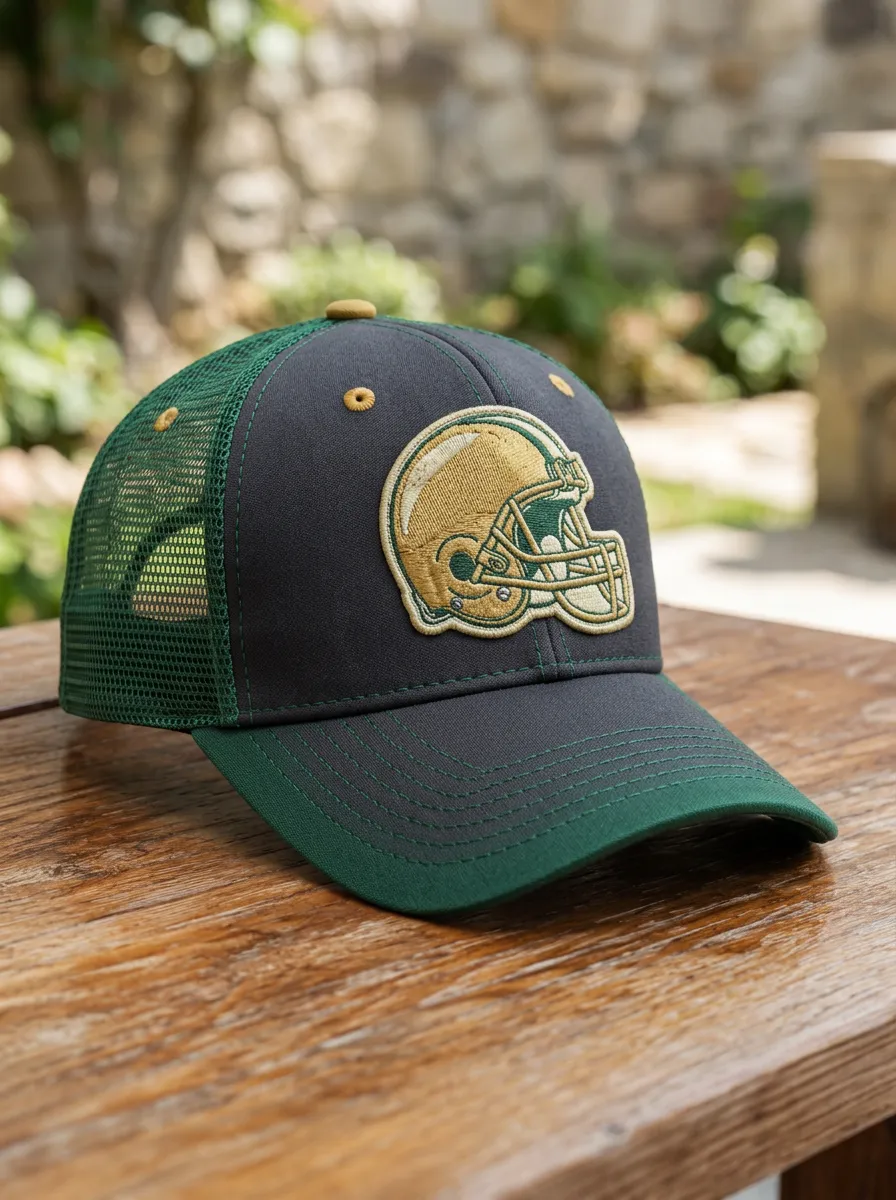Men's Gridiron Football Fan Gold Helmet Embroidered Mesh Trucker Cap