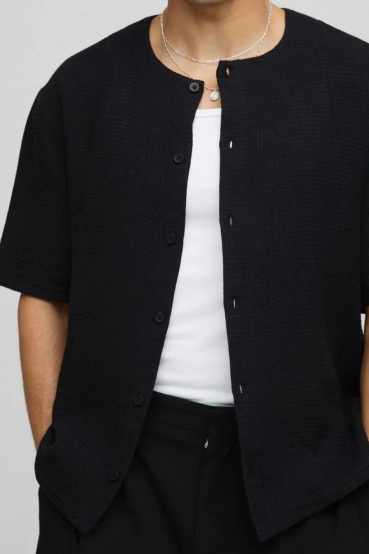Oversized Collarless Waffle Crew Neck Shirt