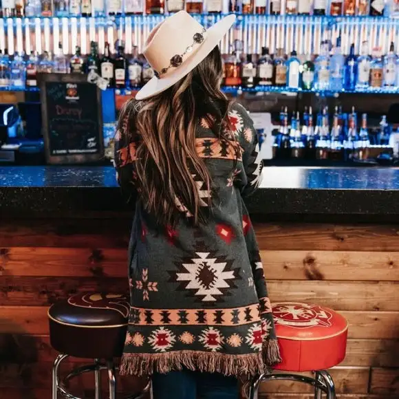 Everyday Western Geometric Fringed Oversized Cardigan