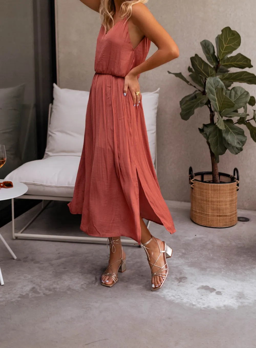 Silky Finish Cinched Waist Maxi Dress