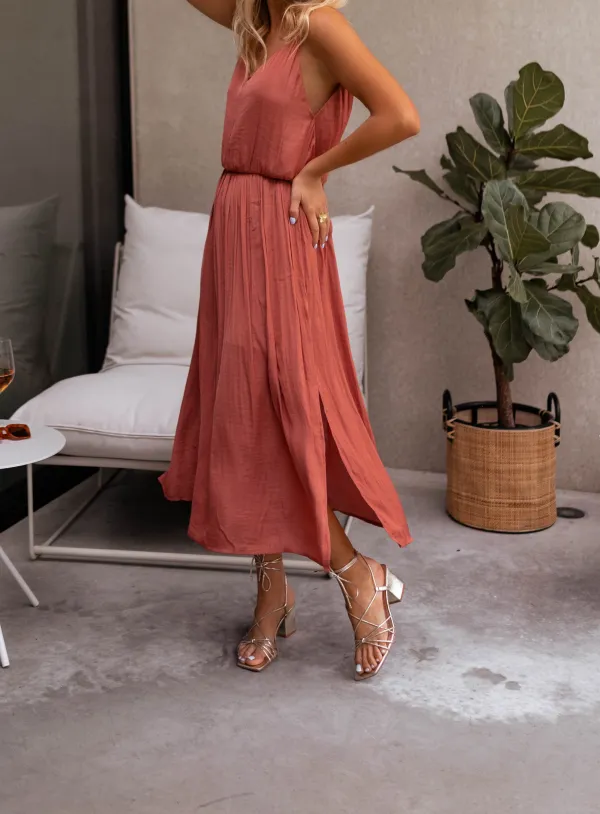 Silky Finish Cinched Waist Maxi Dress