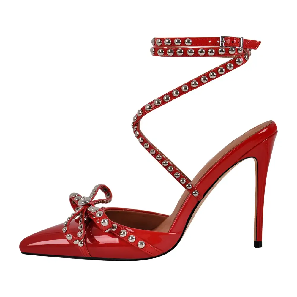Sleek Rivet Pointed Toe Stiletto Ankle Strap Pumps