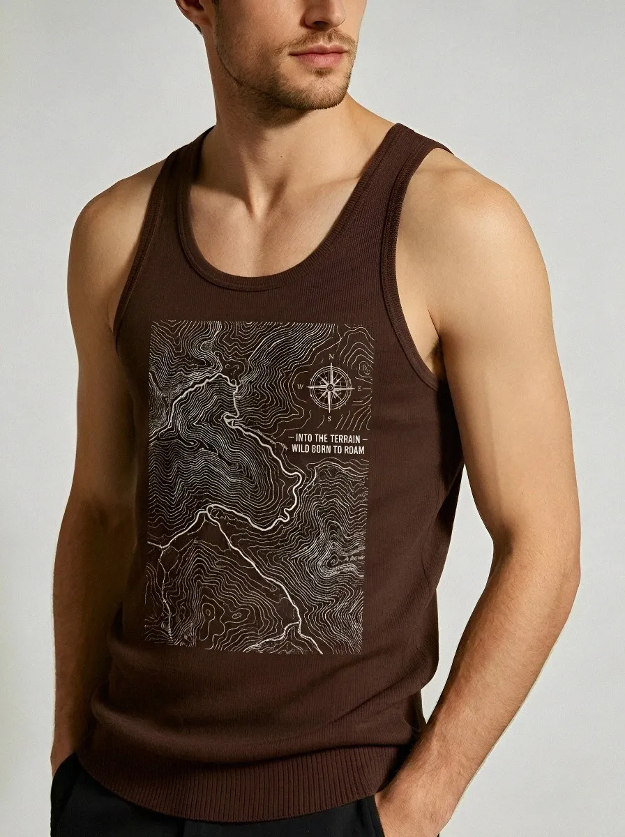 Men's Hiking Outdoor Lover Topographic Map Compass Printed Tank Top