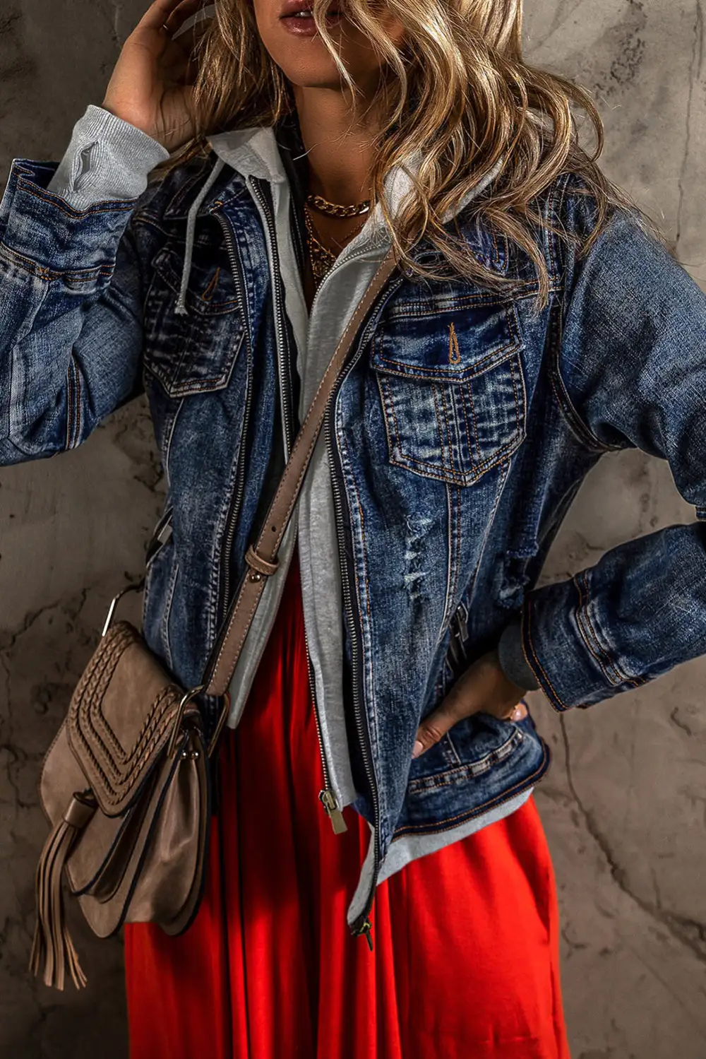 Women's Layered Hooded Zip Up Denim Jacket