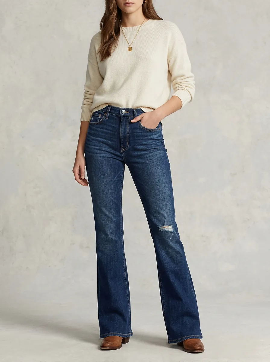Women's Casual Fashion Distressed High-Rise Bootcut Denim Pants