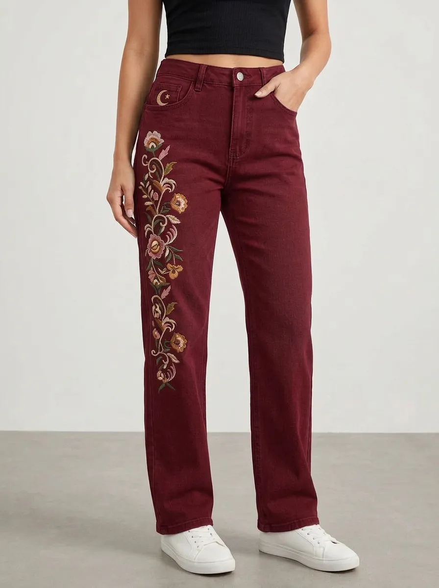 Women's Boho Floral Moon Embroidered Printed Straight Leg Jeans