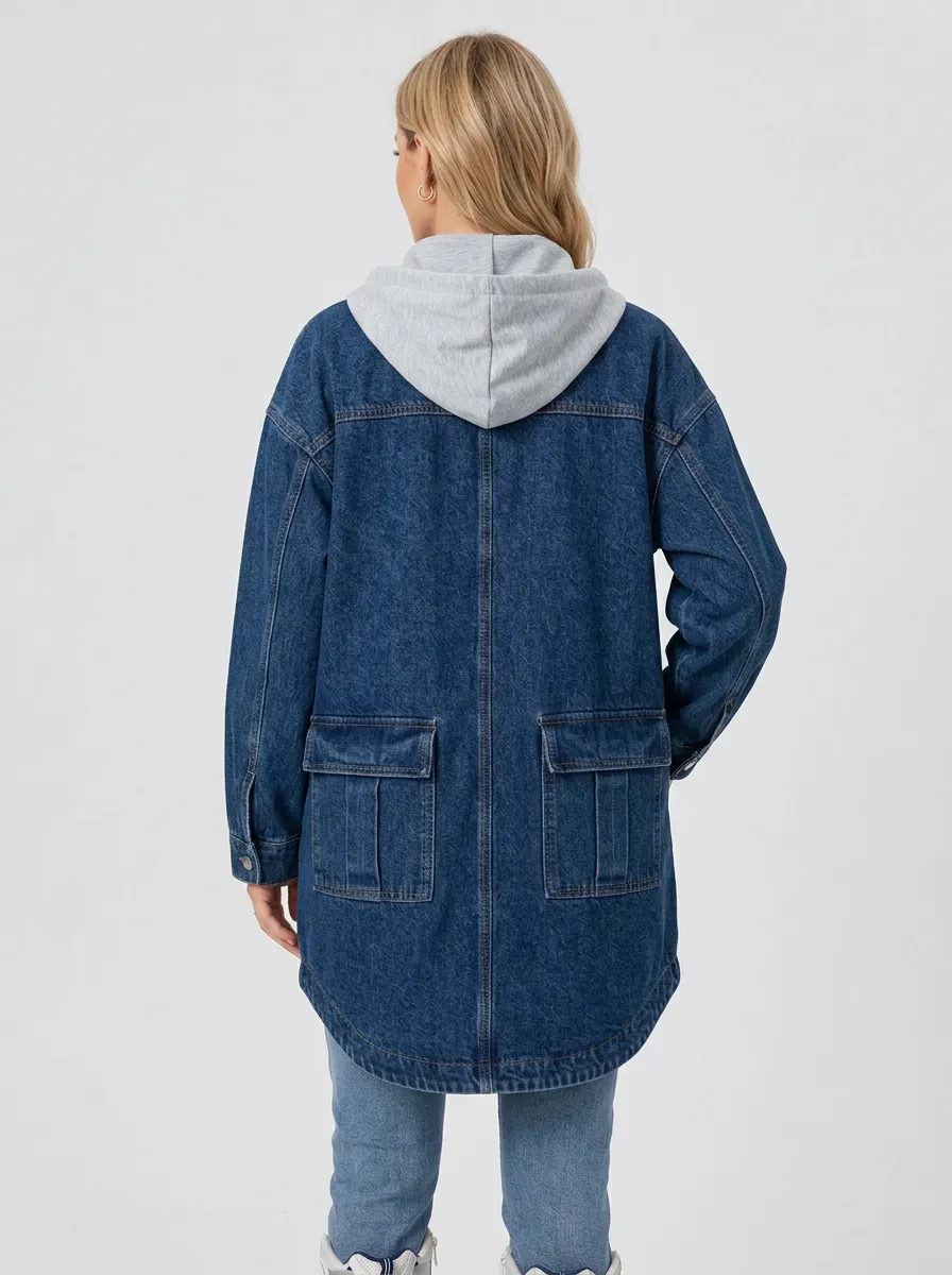 Women's Casual Streetwear Blue Denim Hooded Zip-up Jacket