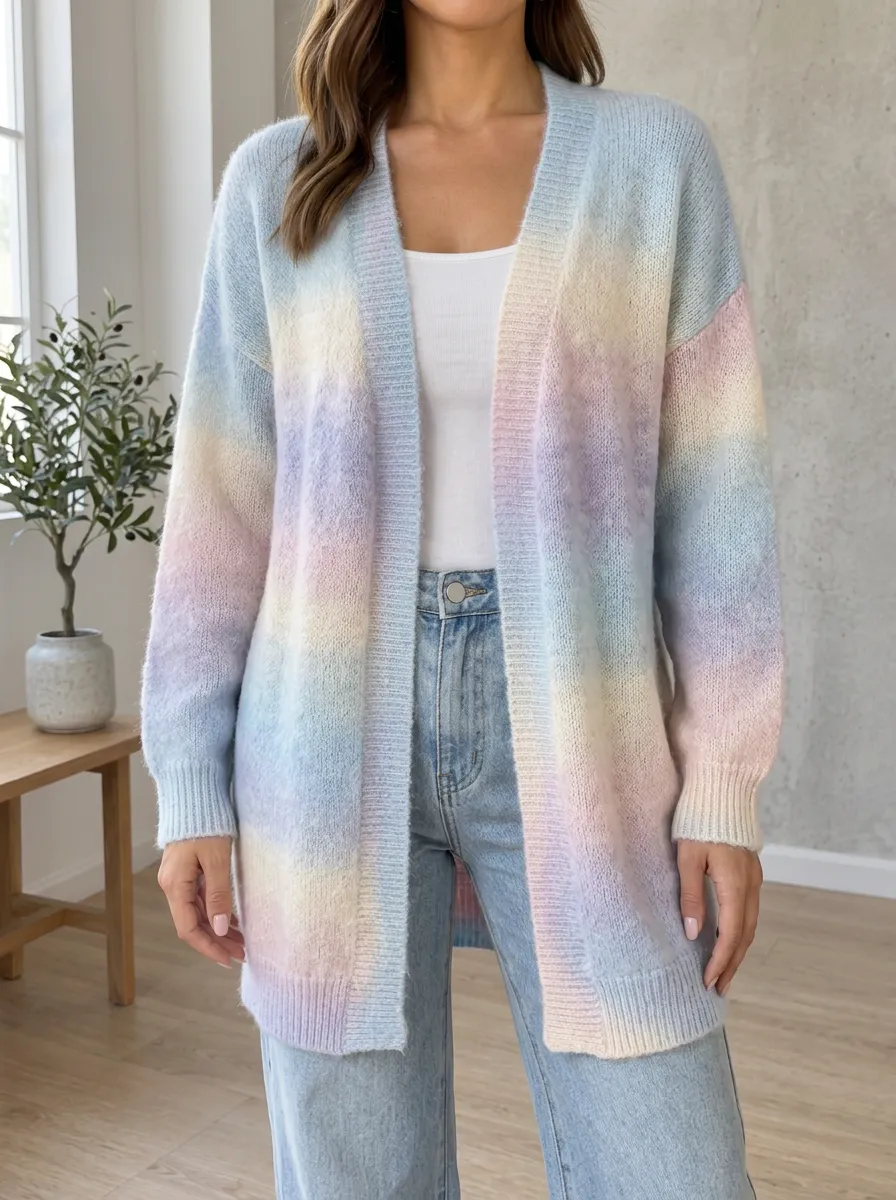 Women's Pastel Rainbow Striped Knitted Cardigan