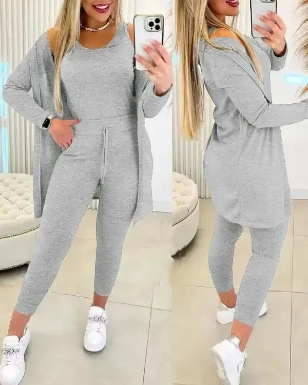 Women's Round Neck Tank Top & Drawstring Pants Set With Coat