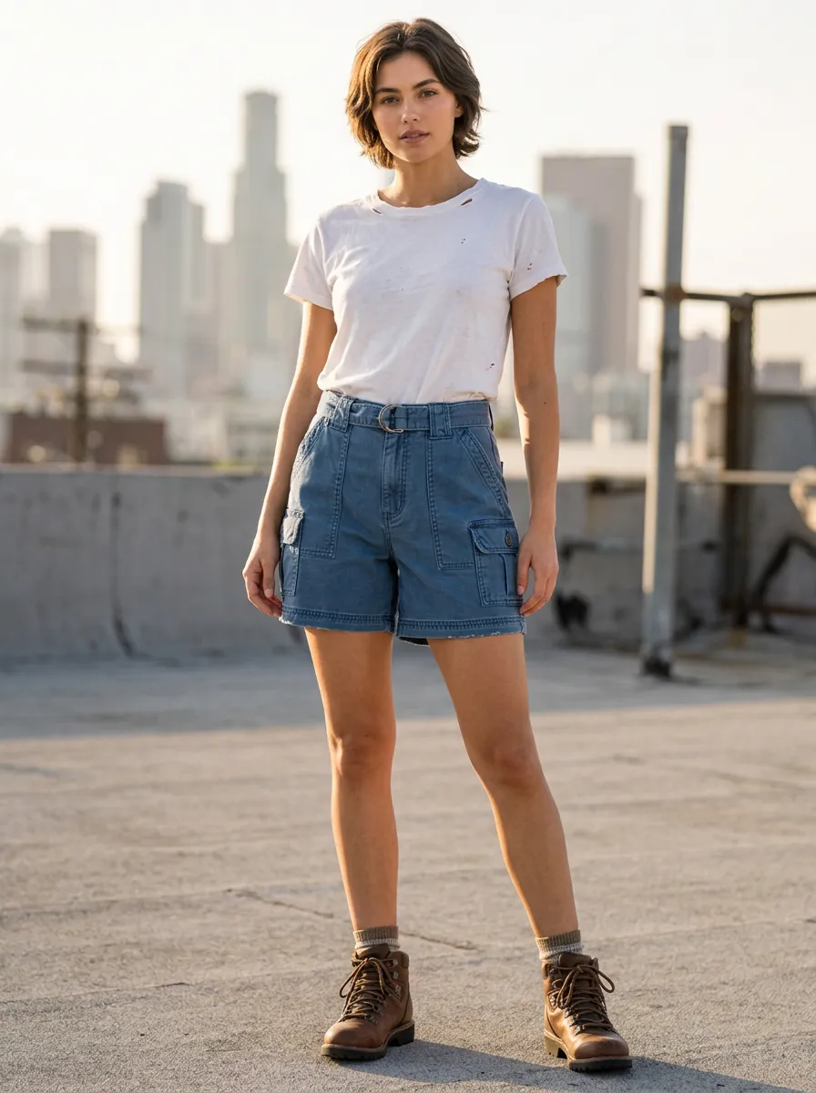 Women's Casual Streetwear High-Waisted Belted Denim Cargo Shorts
