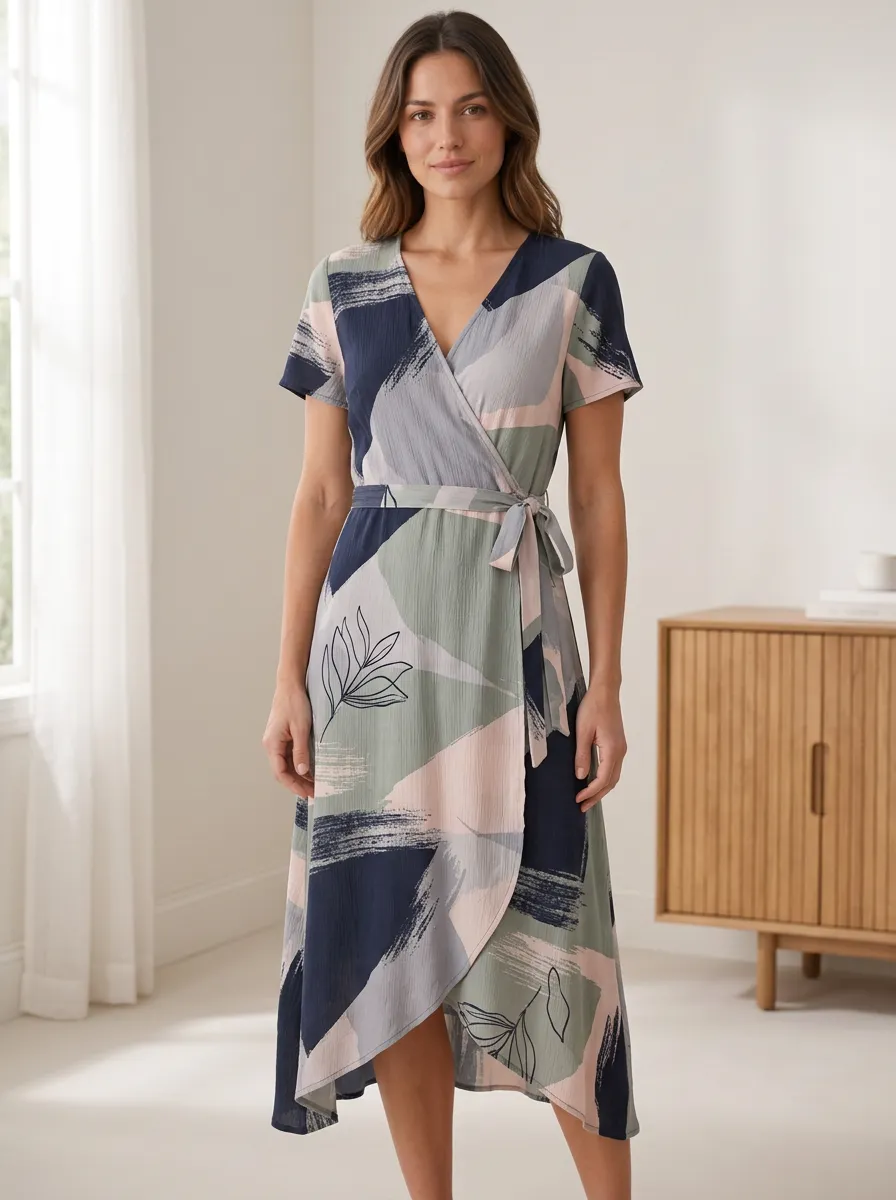 Women's Abstract Botanical Brushstroke Wrap Dress