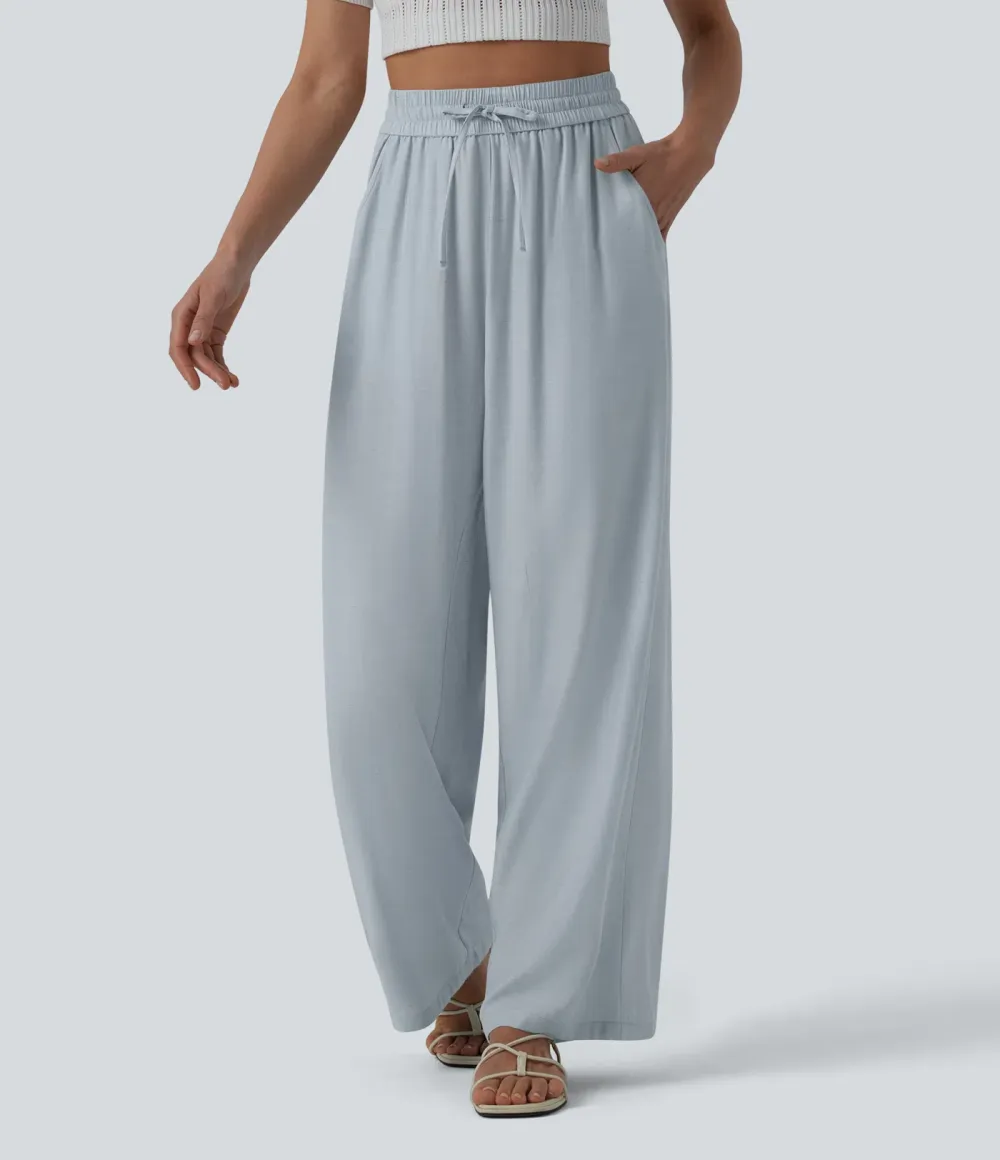 2026🔥High Waisted Drawstring Wide Leg Casual Linen-Blend Trousers with Pockets