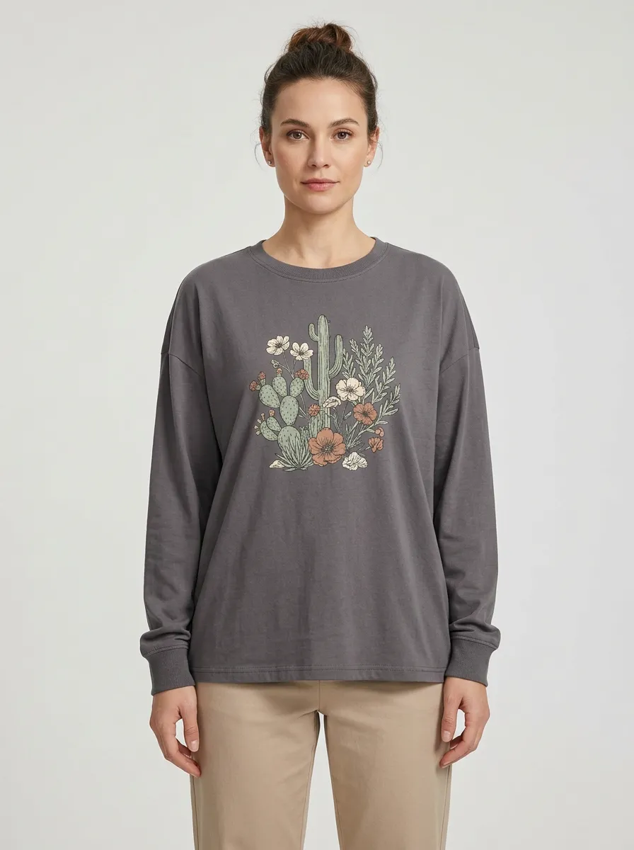 Women's Cactus Graphic Long-Sleeve Crew-Neck T-Shirt