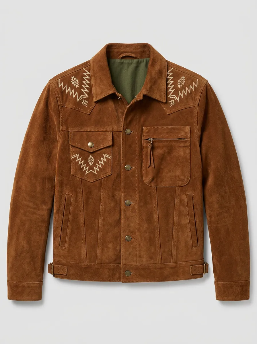 Men's Western Cowboy Southwest Embroidered Suede Jacket