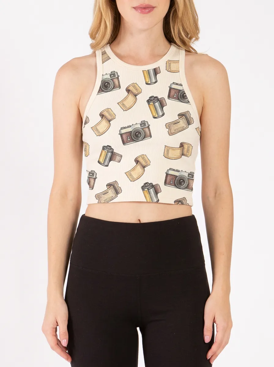 Women's Photography-Inspired Vintage Camera Film Printed Crop Tank Top