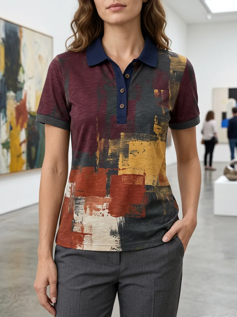 Women's Casual Abstract Art Brushstroke Polo Shirt
