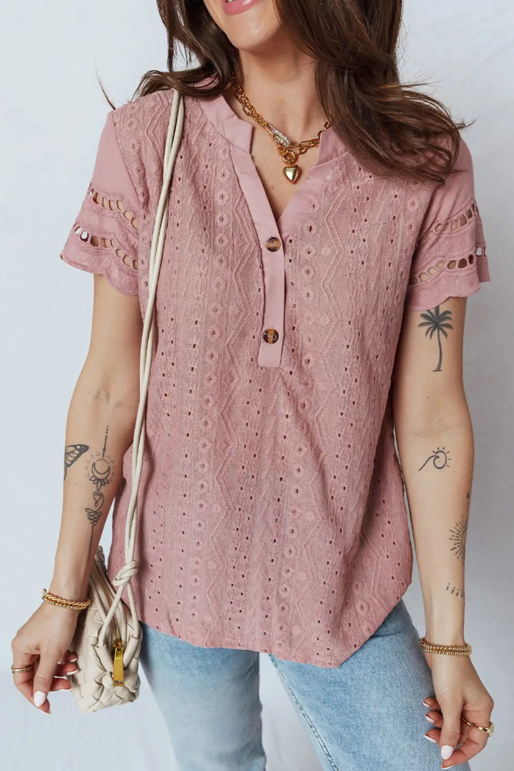 Women's Embroidered Textured Short Sleeve Top