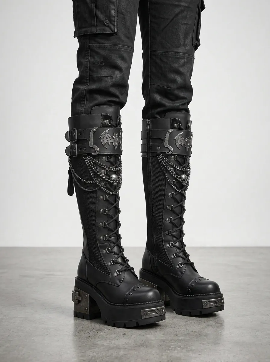 Heritage Skull Bat Chain Silhouette Women's Gothic Platform Knee High Boots