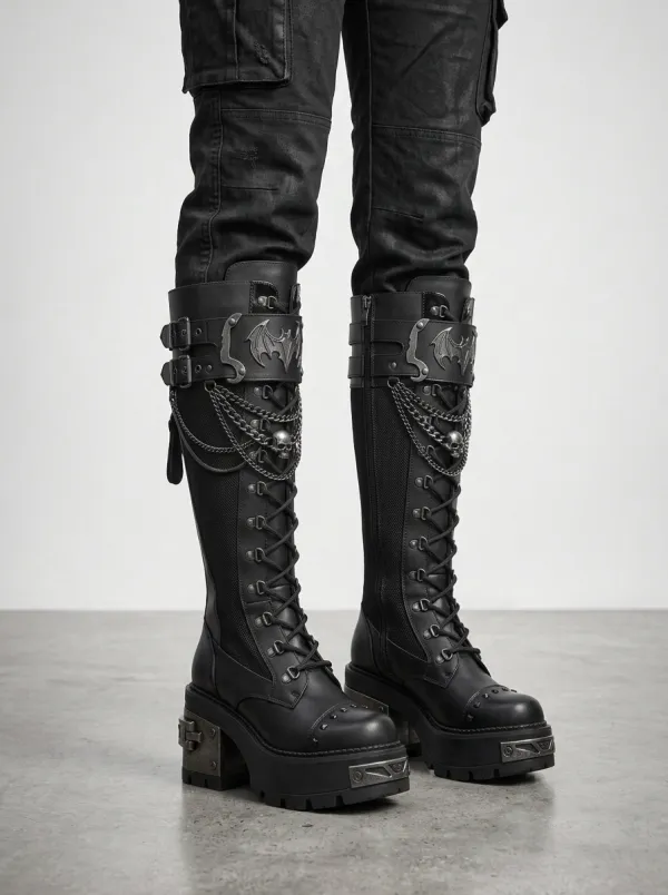 Heritage Skull Bat Chain Silhouette Women's Gothic Platform Knee High Boots