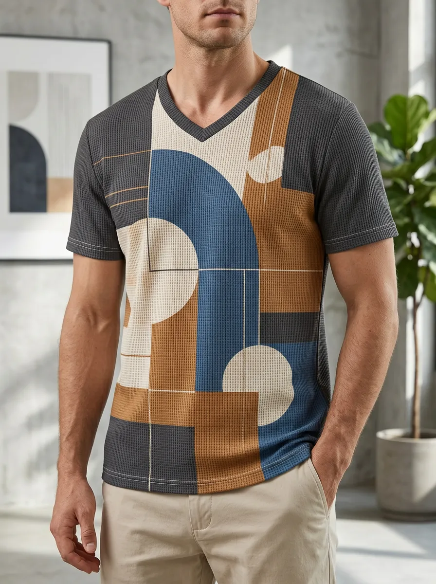 Men's Expressive Geometric Abstract Pattern Waffle V-Neck T-Shirt