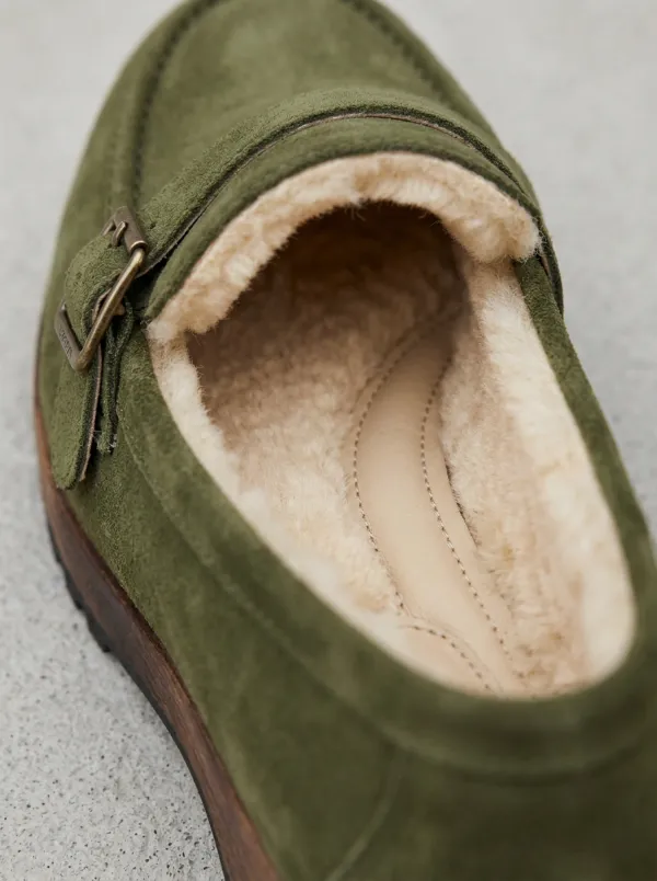 Women's Rugged Faux Fur Lined Buckle Detail Suede Wood Sole Loafers